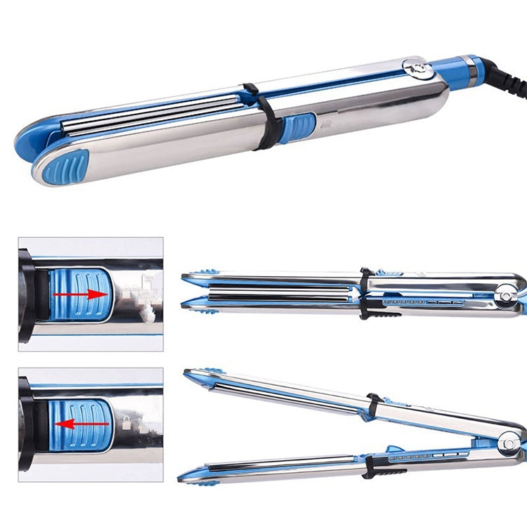 2-in-1 hair straightener and curler with blue control base and adjustable clamp