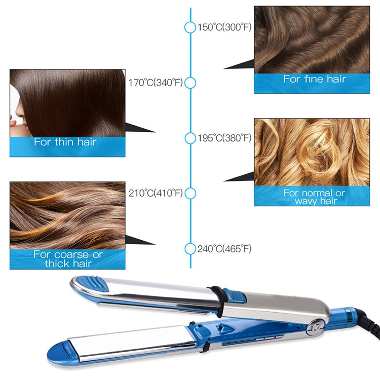 2-in-1 hair straightener and curler with blue control panel, dual plates, attached cord