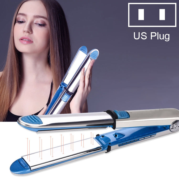2-in-1 hair straightener and curler with blue and silver plates, US-style plug