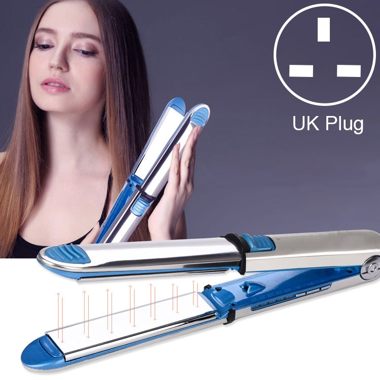 2-in-1 hair straightener and curler with blue and silver plates, UK-style plug