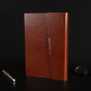 Brown imitation leather PU A5 tri-fold loose-leaf notepad with metal pen loop