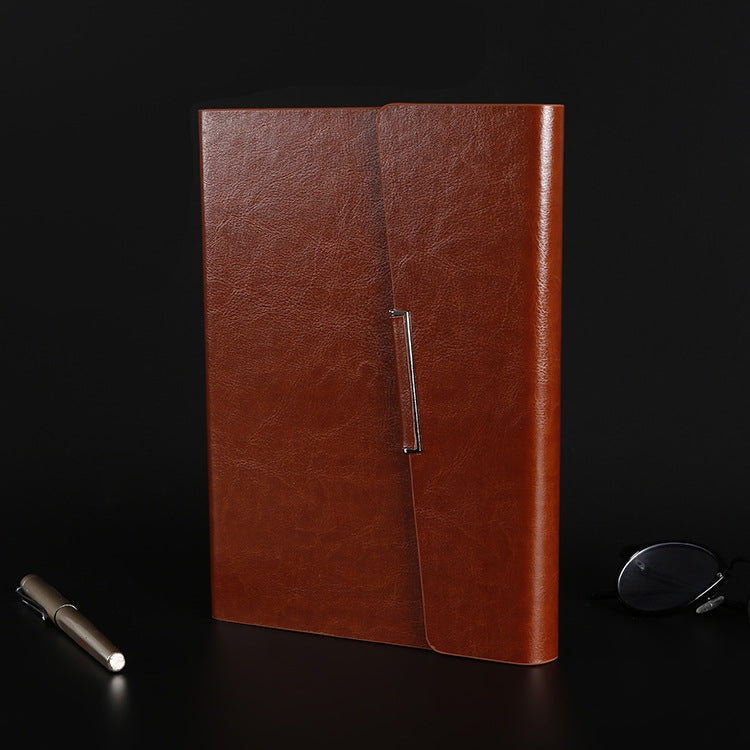Brown imitation leather PU A5 tri-fold loose-leaf notepad with metal pen loop