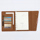 Tan imitation leather PU A5 tri-fold notepad open with card slots and pen holder