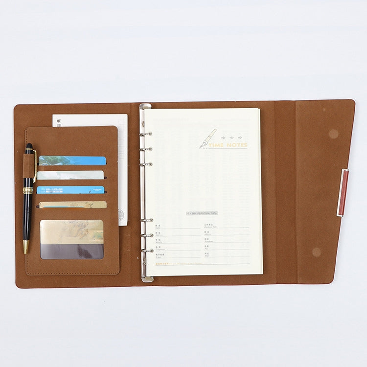 Tan imitation leather PU A5 tri-fold notepad open with card slots and pen holder