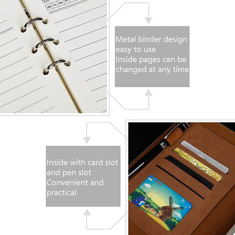 Open tri-fold notepad with metal binder rings; card slot and pen sleeve