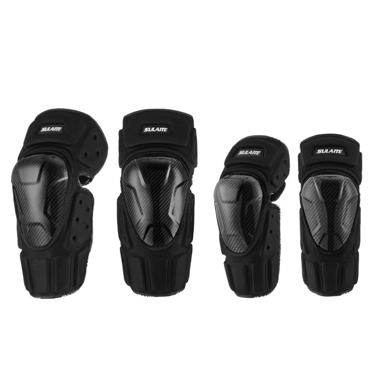 Off-road knee and elbow protective pads set of four, black carbon-fiber style shells