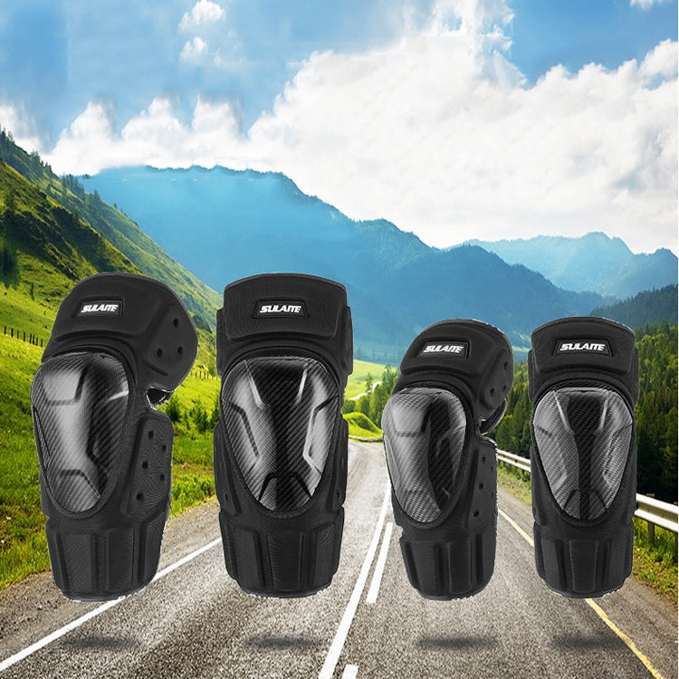 Off-road knee and elbow protective pads set of four, black carbon-fiber style shells