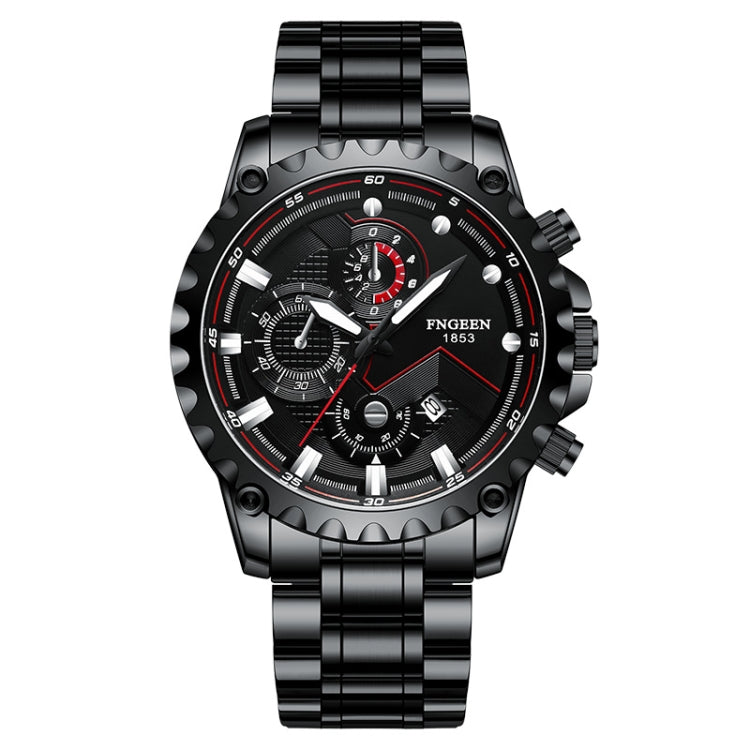 Men's waterproof sports watch with black metal bracelet and black dial with red accents