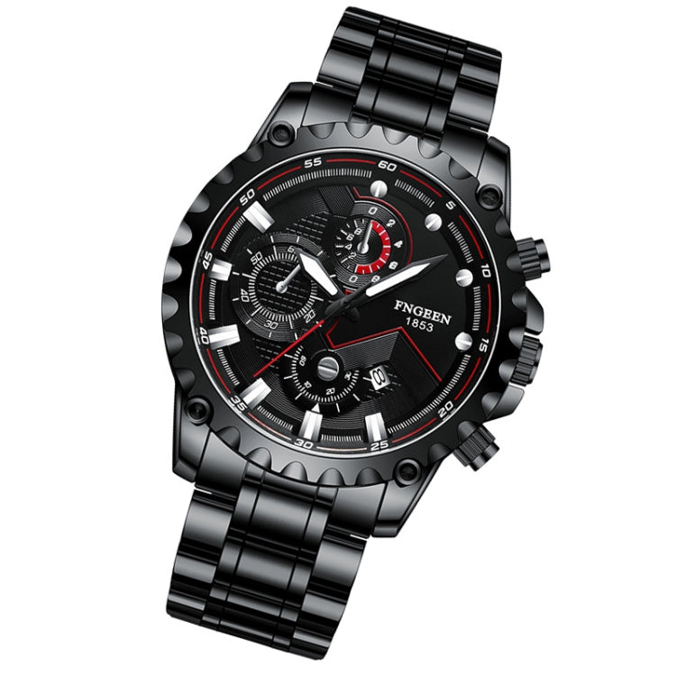 Men's waterproof sports watch angled view; black metal bracelet, black dial, red timing hands
