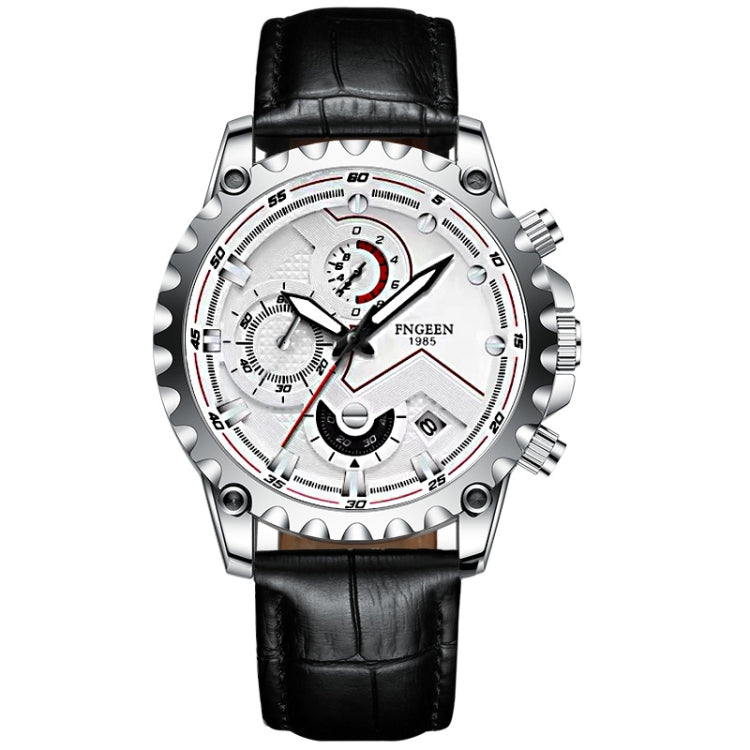 Men's waterproof sports watch with black leather strap, silver case, white dial with red marks