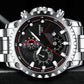 Men's waterproof sports watch close-up; silver case, black dial with red chronograph details