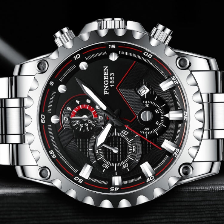 Men's waterproof sports watch close-up; silver case, black dial with red chronograph details