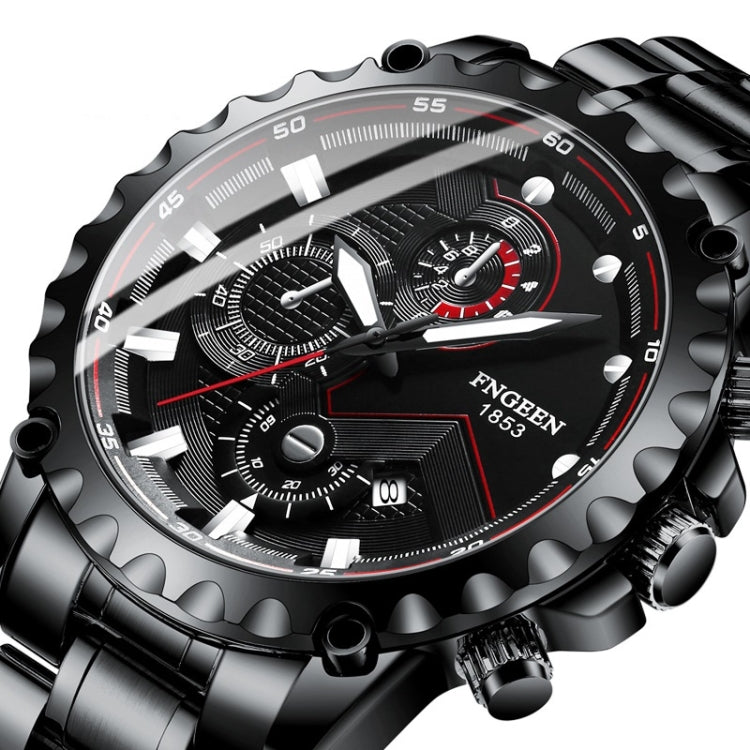 Men's waterproof sports watch close-up; black case, black dial, red accents, metal bracelet