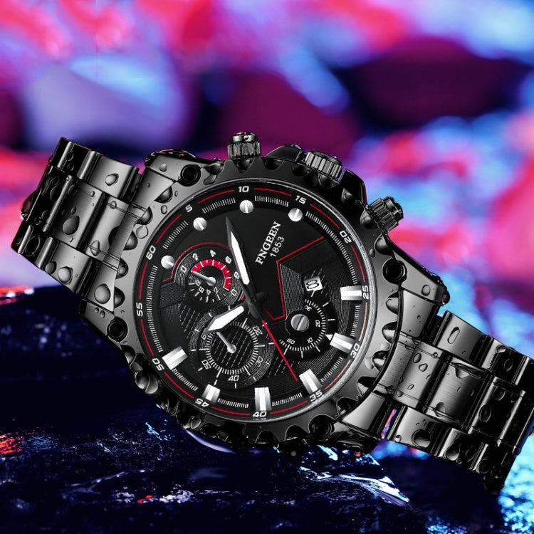 Men's waterproof sports watch on metal bracelet; black dial with red timing markers