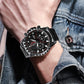 Men's waterproof sports watch on wrist; black metal bracelet, black dial with red seconds hand