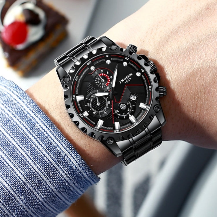 Men's waterproof sports watch on wrist; black metal bracelet and black dial with red markers