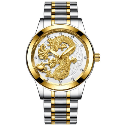 Gold and silver-tone bracelet watch with round dragon patterned dial and crystal markers.