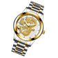 Gold and silver-tone wristwatch with dragon dial featuring rhinestone markers and metal links.