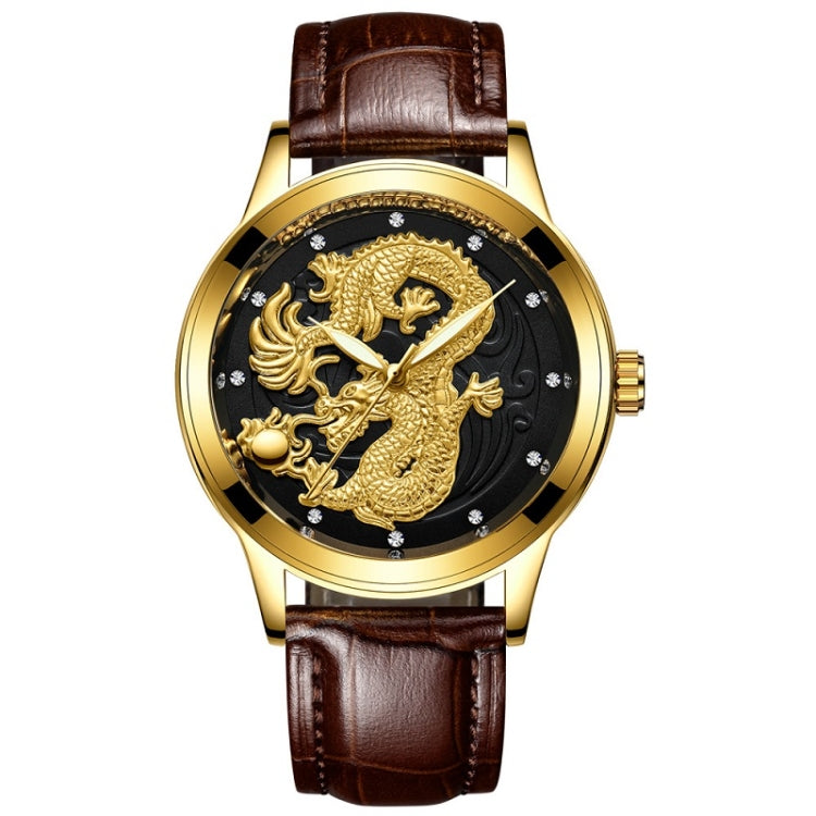 Gold-tone round watch with dragon dial and clear stones on black patterned background; brown strap.