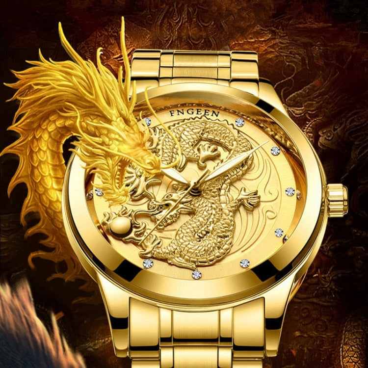 Gold-tone metal bracelet watch with dragon relief dial and crown; stone markers around bezel.