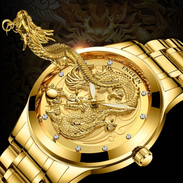 Gold-tone wristwatch with round dragon dial and rhinestone markers; linked metal band.