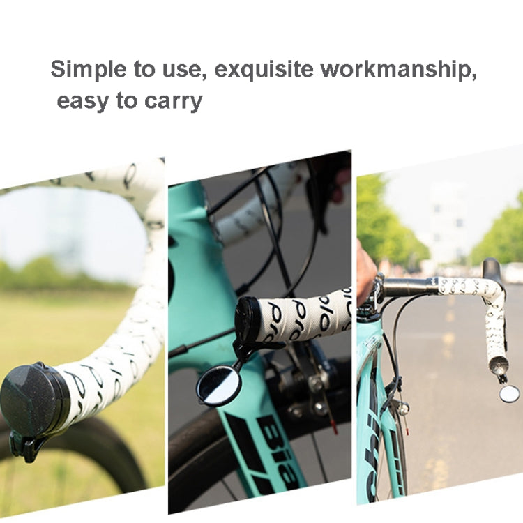 Bicycle handlebar plug reflector mirror shown in use and close-up