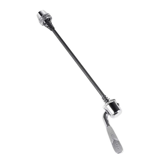 Bicycle quick release lever with silver clamp head, black rod, and knurled collar