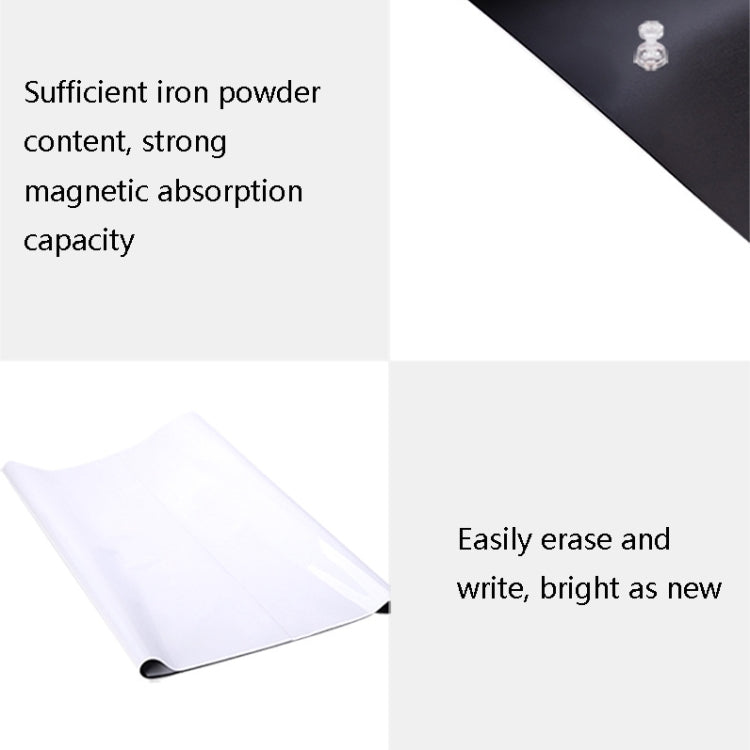 Folded magnetic whiteboard sticker sheet with white surface and dark backing layers