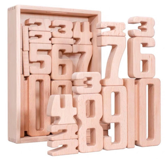 Wooden number building blocks set with tray and assorted digit pieces, light natural color