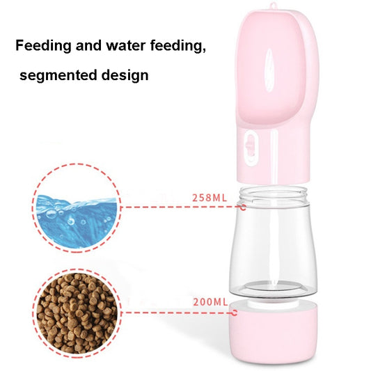 Pink segmented pet water-and-food cup with clear container and dual chambers