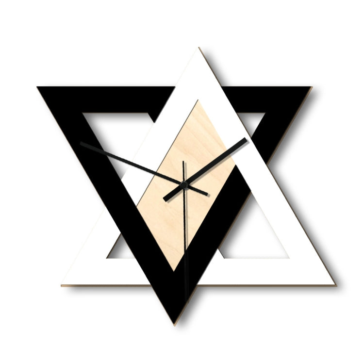 Geometric wall clock with black and white star frame, light wood center, black hands