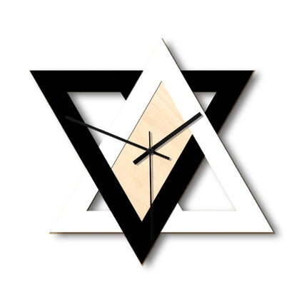 Geometric wall clock with black and white star frame, light wood center, black hands