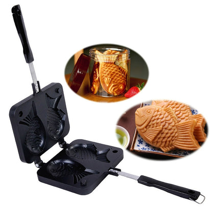 Fish-shaped waffle pan with hinged black plates and long handle