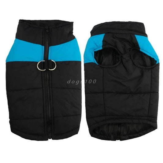 Waterproof dog puffer vest jacket in black with blue panels, front zipper and D-ring fastener.