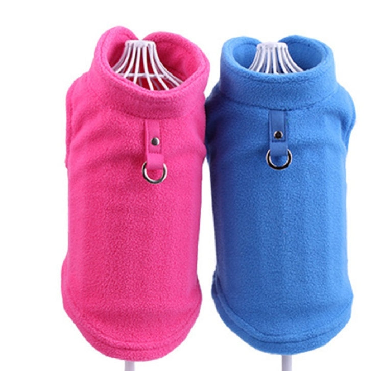 Pink and blue fleece dog coats with hood and metal D-ring front clasp