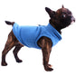 Blue fleece dog coat with hood and metal D-ring clasp on a small dark dog