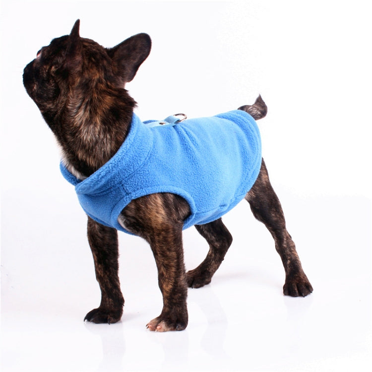 Blue fleece dog coat with hood and D-ring clasp on a dark brown dog