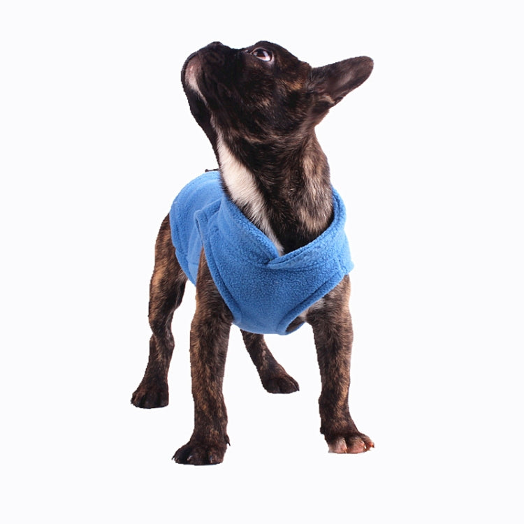 Blue fleece dog coat with hood and D-ring clasp on a dark dog