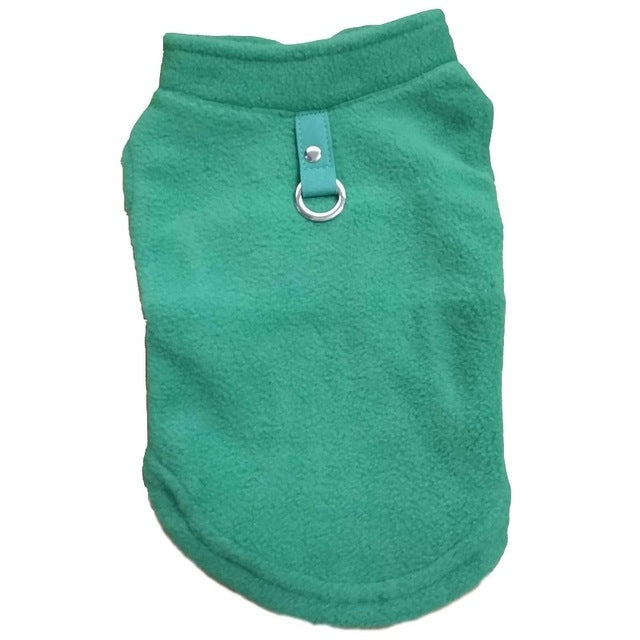 Green fleece dog coat with high neck and D-ring leash opening