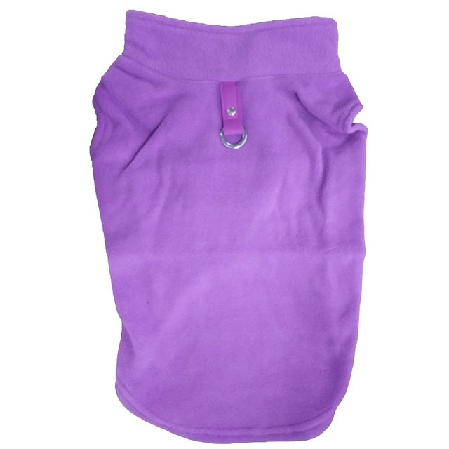 Purple fleece dog coat with high neck and D-ring leash opening