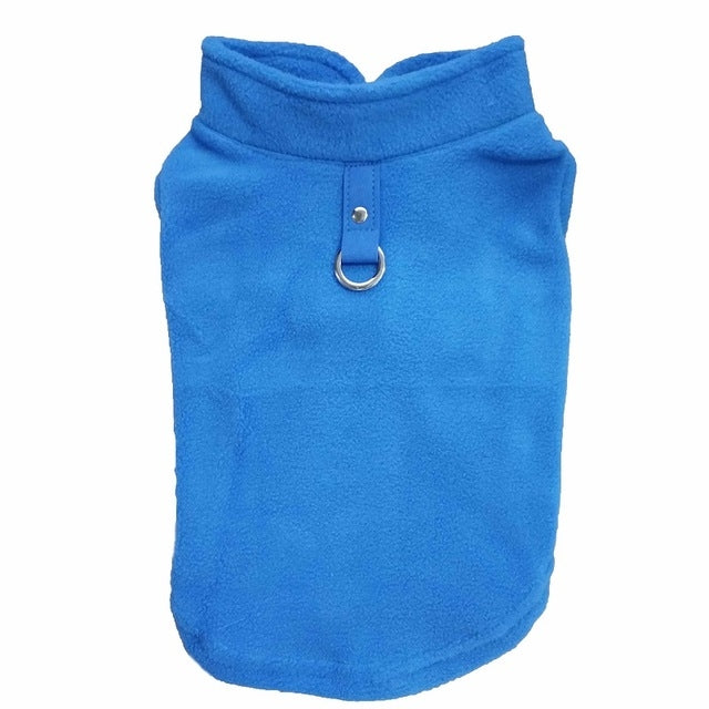 Blue fleece dog coat with high neck and D-ring leash opening