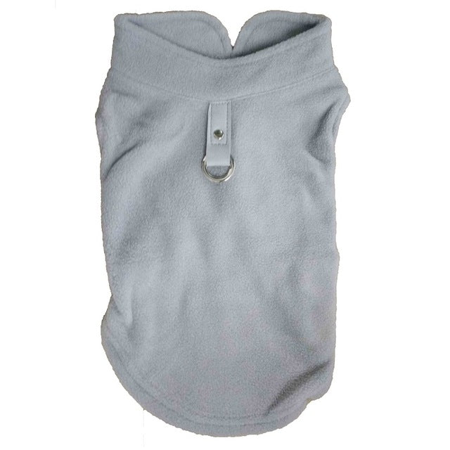 Light gray fleece dog coat with high neck and D-ring leash opening