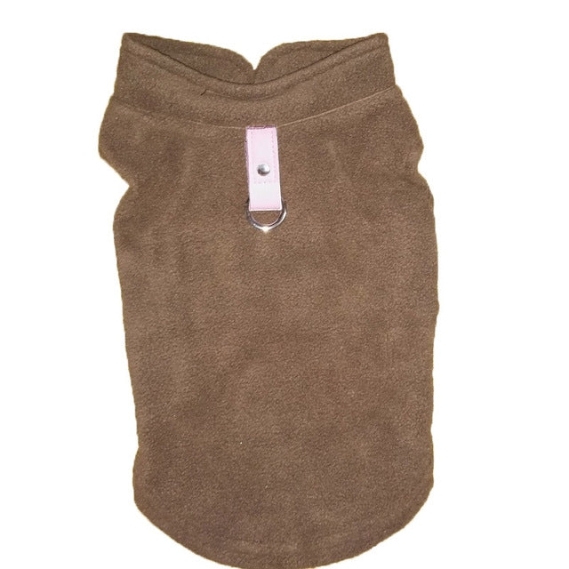 Brown fleece dog coat with high neck and metal D-ring leash opening