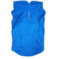 Bright blue fleece dog coat with high neck and metal D-ring leash opening