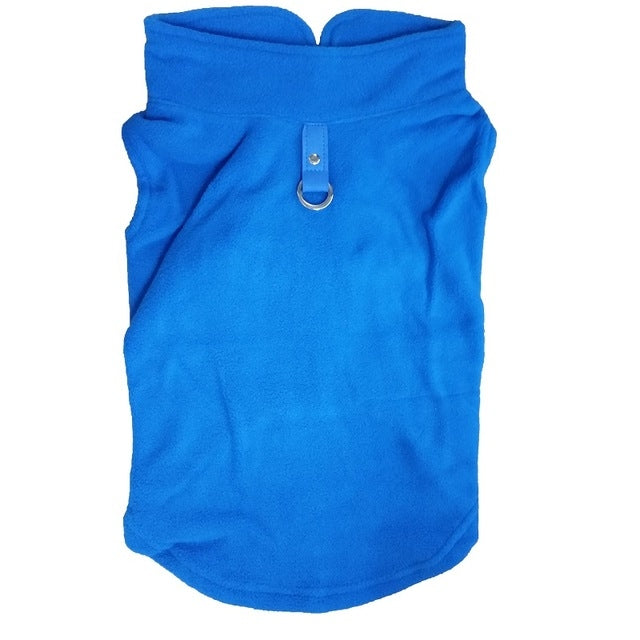 Bright blue fleece dog coat with high neck and metal D-ring leash opening