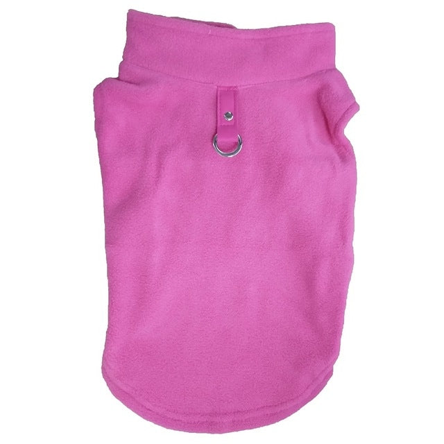 Magenta fleece dog coat with high neck and metal D-ring leash opening