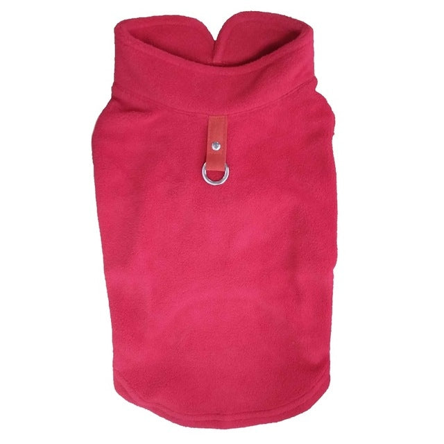 Dark red fleece dog coat with high neck and metal D-ring leash opening