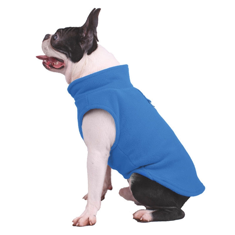 Blue dog polar flannel coat with arm openings, French Bulldog standing side view