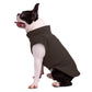 Brown dog polar flannel coat with arm openings, French Bulldog standing side view