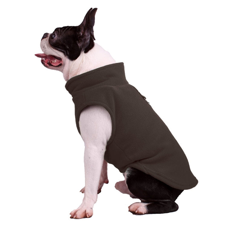 Brown dog polar flannel coat with arm openings, French Bulldog standing side view